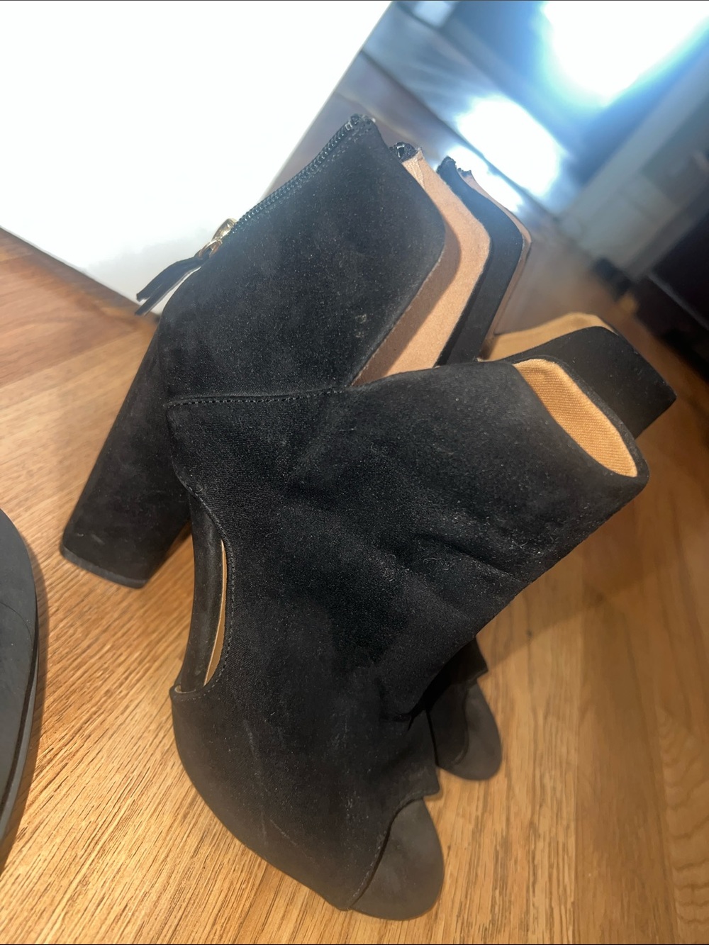 Black Suede Peep-Toe Block Heel Booties